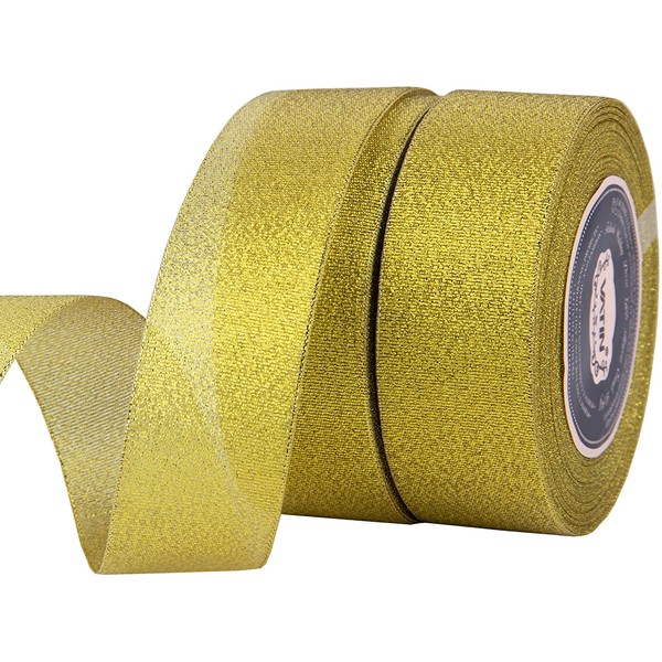 VATIN Glitter Metallic Gold Ribbon 1-1/2 inches Wide Sparkly Fabric Gorgeous Ribbon for Gift Crafters Wedding Party Brithday Wrap Hair Bows Floral Projects 25 Yards/Roll x 2 Rolls