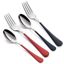 Onlycooker 24 piece Black and Red Forks and Spoons Silverware Set,Black and Red Handle Silverware Forks and Spoons 18/0 Stainless Steel Flatware Forksand Spoons Dessert Forks and Table Spoon Set of 24