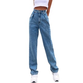 Regular Relaxed Fit Straight Leg High Waisted Trendy Vintage Boyfriend Jeans for Women Juniors Mom Fit Jeans