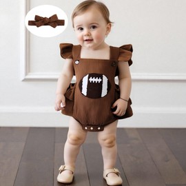 Yccutest Newborn Football Romper Baby Girl Corduroy Overalls Infant Football Onesie Bodysuit Game Day Outfit with Headband (X-Brown, 6-12 Months)