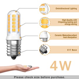 E17 Led Bulb 40W Halogen Bulb Equivalent,2700K Warm White 400lm 120V E17 Intermediate Base Bulb for Appliance, Range Hood,Over the Stove Microwave Oven Light Bulbs,Refrigerator,Non-dimmable,2 Pack