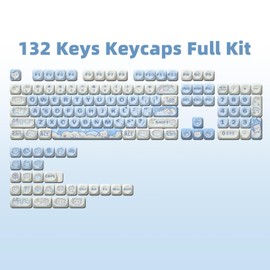 COOMICKEY PBT Keycaps, MOA Profile Cute Blue White Keycaps, Kawaii Dye Sublimation Keycap, 132 Keys Keycap Set for Cherry Gateron MX Switches Keyboards Custom Keyboard 60 65 75 100 Percent