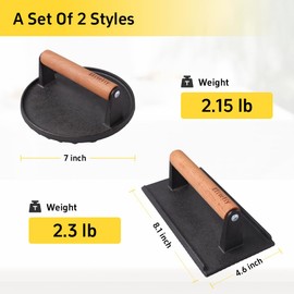 Eliteliy Cast Iron Burger Press,7" Round and 8"x4" Rectangle Smash Burger Set for Grill and Griddle Cooking, 2PCS Heavy-Duty Cast Iron with Wooden Handle for Bacon, Hamburgers, Eggs, Sandwiches,Steak
