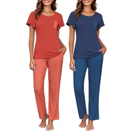 Ekouaer 2 Pack Womens Pajama Sets Short Sleeve with Long Pajama Pant Set Soft Sleepwear Printed Pj Lounge Set with Pockets