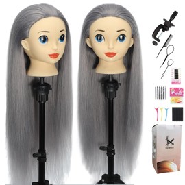 TKIMHEQ Mannequin Head with Hair 24" Cosmetology Manikin Doll Head for Styling Hairdresser Practice Braiding Training Head Practice Cosmetology with Free Clamp Holder Cute Face Big Eyes (Dark Grey)