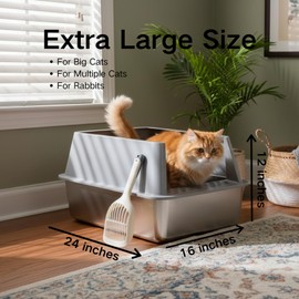 Nyutu XXL Stainless Steel Litter Box with Lid, Jumbo 28"x20"x14" Metal Litter Box with High Sides, Cat Litterbox Extra Large for Big Kitty, Multiple Cats, Never Absorbs Odors, Non-Stick