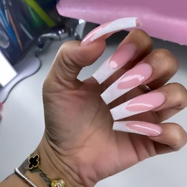 IMSOHOT Curved Press on Nails Long Square Fake Nails White French Tips False Nails with Glitter Designs Full Cover Glossy Glue on Nails Acrylic Artificial Extra Long Pink Nail Supplies 24Pcs