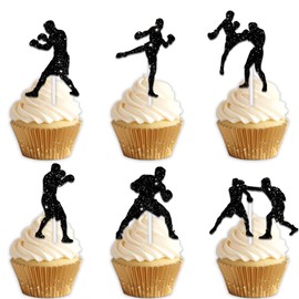 18pcs Black Glitter Silhouette Boxer Dessert Cupcake Topper Cheer to Boxing Match Fitness Sports Theme Decor Supplies Men Women Happy Birthday Party Decorations