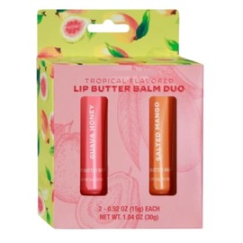 Trader Tropical Flavored Lip Butter Balm Duo with Sodium Hyaluronate, coconut oil, shea butter, and murumuru seed butter 2-0.52 oz (15g) each (Tropical Flavored (Guava Honey & Salted Mango))