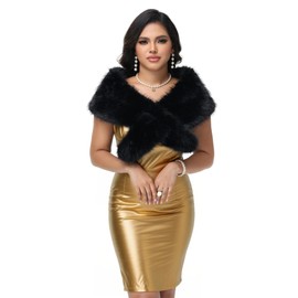 Velorique Women's Faux Fur Shawl Wrap, Cold Winter Warm Fur Stole Scarves Shawl Shrug Neck Warmer, Party Faux Fur Scarf (Black-120cm)