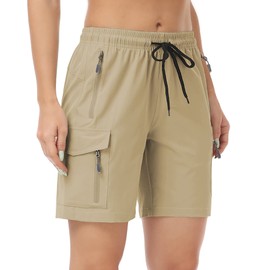 GymBrave Women's Quick Dry Lightweight Cargo Shorts for Outdoor Athletic Travel with Pockets, Dark khaki