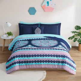 Degrees of Comfort Queen Bed Set, Boho Mandala Comforter Sets with Sheets,Blue Microfibe Bed in A Bag with Side Pockets, Matching Decorative Pillow, 8 Piece Navy