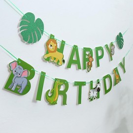 Jungle Safari Happy Birthday Banner, Animal Theme Party Decoration, Green Alphabet Banner