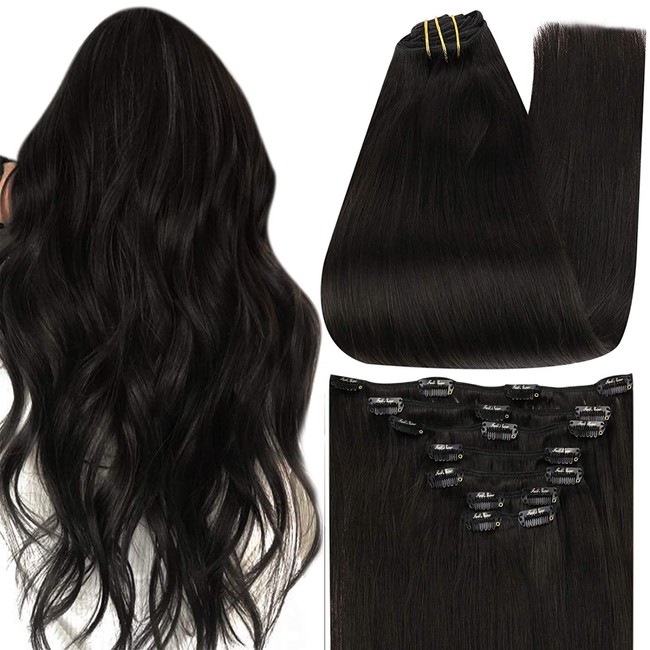 Full Shine Clip In Human Hair Extensions 18 Inch Straight Clip In Extensions 7 Pieces Color 1B Off Black Remy Clip On Hair Extensions Full Head Clip In Extensions