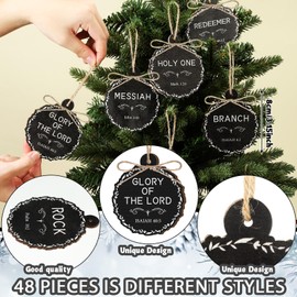 Soaoo 48 Pcs Christmas Wood Names of Jesus Ornaments Bulk Nativity Round Christmas Decoration Religious Names of Christ Christmas Ornaments Hanging Ornaments Gifts with Ropes for Tree Car Home Decor