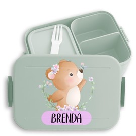 Children's Bento Box Midi for Mepal Bento Box - Bear - Cute Girls Bears Lunch Box | Lunch Box Girls School | Cute Lunch Box Girls Nursery with Name - 900 ml - Sage Green