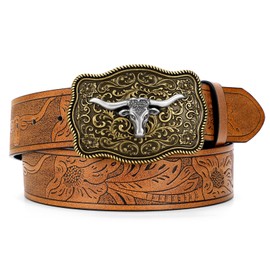SUOSDEY Western Cowboy Leather Belts for Men Women Texas Longhorn Bull Buckle Floral Engraved Embossed Leather Belt for Jeans