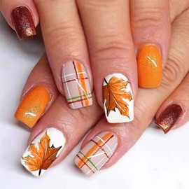 LBPEPAMZ Fall Press on Nails Thanksgiving Medium Square Fake Nails Autumn Maple Leaf False Nails Orange Glitter Plaid Glue on Nails Full Cover Glossy Cute Acrylic Nails Stick on Nails for Women 24Pcs