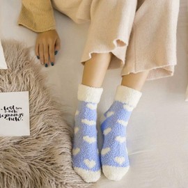 LCHULLE 1 Pair Fluffy Socks for Women and Girls - Soft Fuzzy Comfy Winter Warm Thicken Cozy Home Slipper Bed Socks Heart Pattern for Ladies-Blue