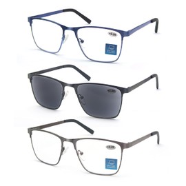 MODFANS Reading Glasses Men Blue Light Blocking Glasses Metal Frame Rectangle Readers Stainless Steel Material Anti Eyestrain/Glare/UV Includes Sun Readers