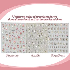 Mitdir Retro Flower Nail Art Stickers 5D Embossed Luxury Nail Stickers Spring Rose Design White Flowers Nail Stickers Designer Nail Art Accessories Manicure