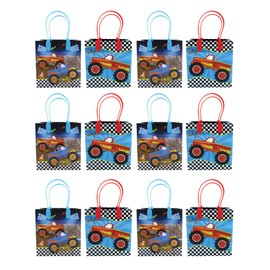 Monster Truck Themed Party Favor Bags Treat Bags with Handles, Monster Truck Candy bags for Birthday Party Goodie Bags, Party Supply Decoration, Pack of 12