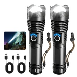 Rechargeable LED Flashlights High Lumens, Super Bright Handheld Flashlight Battery Powered with 5 Modes, Waterproof Powerful Zoomable Flash Light for Home, Camping，Emergencies, Outdoor, 2 Pack