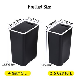 Bathroom Trash Can with Lid, 2 Pack Slim Garbage Can with Pop-Up Lid, Small Waste Basket Pet-Proof for Kitchen, Bedroom, Living Room, Office (4 Gallons / 15L + 2.6 Gallons / 10L, Black)