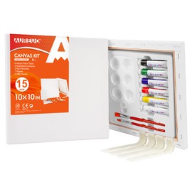 AUREUO 10x10 Canvs 2 Pack - Stretched Canvas Set with Stands - 6 Acrylic Paints, Brushes & Palette - Acrylic Paint Kit - Painting Supplies for Couples, Adults, Kids