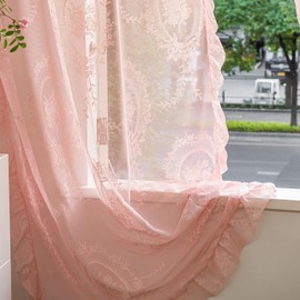 Lavyhuno Pink Lace Curtains 2 Panels 72 inches Long for Kitchen Nursery Room, Sheer Rose Florals Embroidery Shabby Chic Window Treatments Drapes Pair for Kid Girl's Room, Rod Pocket W57 x L72