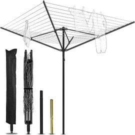 Nisorpa Rotary Outdoor Umbrella Drying Rack Umbrella Clothesline Rotary Dryers Clothes Line 4 Arms Height Adjustable Foldable Retracting 12 Lines with 165ft Clothesline