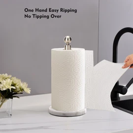 Paper Towel Holder Countertop, Standing Paper Towel Roll Holder for Kitchen Bathroom, with Weighted Base for One-Handed Operation (Marble Base, Brushed Nickel)