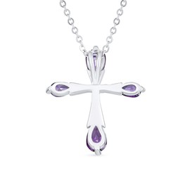 Bridal Christian Religious Simulated Gemstone Purple Amethyst Cubic Zirconia AAA CZ Teardrop Cross Necklace Pendant For Women Wedding Teen .925 Sterling Silver