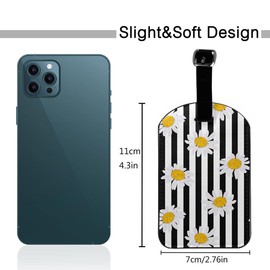Zoczos White Flowers Travel Bag Tag Daisy Blossom Black White Stripes Seamless Repeat Pattern PU Leather Name ID Labels with Privacy Cover for Men Women Suitcase, 1 Pack