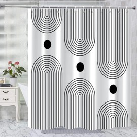 GKLEASG White and Black Extra Long Shower Curtain, Boho Minimalist Mid Century Modern Arch Geometric Machine Washable Waterproof Fabric for Bathroom Bathtub Decor with Hooks 72Wx84H