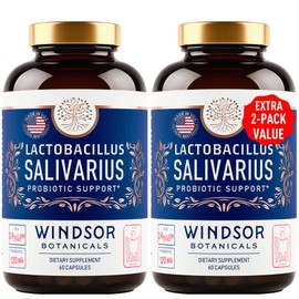 WINDSOR BOTANICALS Lactobacillus Salivarius Probiotic Capsules - L Salivarius Probiotic Oral Dental Probiotics for Bad Breath, Teeth and Gums Health and Immune Support - 24bn CFU, 2-Pack 120 Caps