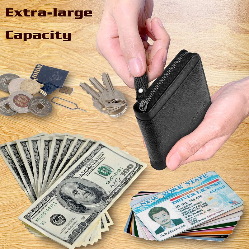 RFID Wallet for Men Leather Zip Wallet Bifold Card Holder
