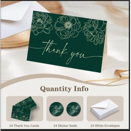 WDphouly 24 Pack Green Foil Floral Thank You Cards with Envelopes & Stickers, 4x6 Blank Thank You Notes Set, Note Card for Small Business, Wedding, Baby Shower & Bridal Shower