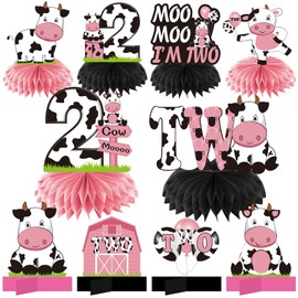 Holy Cow Im Two Birthday Decorations for Girl, Pink Cow 2nd Birthday Honeycomb Centerpiece Party Supplies, Moo Moo I'm Two Cow Themed 2 Year Old Birthday Table Toppers Sign Decor