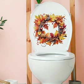 Autumn Maple Wreath Toilet Cover Sticker Decals,Fish Bird Flower Leaf Waterproof Toilet Lid Tank Seat Decals Cistern Self-Adhesive Bathroom Wall Sticker
