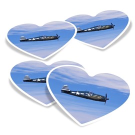 Vinyl Heart Stickers (Set of 4) 10cm - WW2 Grumman F6F-5 Hellcat Plane for Laptops, Tablets, Luggage, Scrap Booking, Fridges #52528