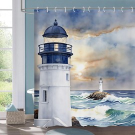 Hjokiupt Coastal Lighthouse Shower Curtain, Ocean Nautical Sunrise Beach Seascape Bath Curtain, Sailboat Waterproof Bathroom Bathtub Decor Accessories with Hooks 72X72 in