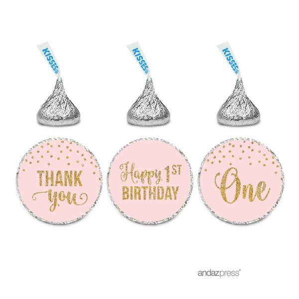 Andaz Press Blush Pink Gold Glitter Girl's 1st Birthday Party Collection, Chocolate Drop Label Stickers Trio, 216-Pack, Fits Kisses Party Favors