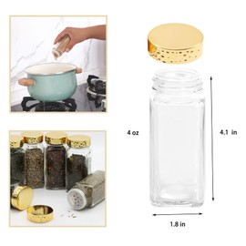 Tianifa 6pcs Gold Spice Jars, 4 oz Glass Seasoning Bottles, Spices Container, Empty Spice Jars, Square Spice Bottles with Airtight Plastic Caps with Shaker Lids
