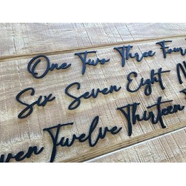 Cursive Wedding Table Number SET, DIY thin modern Black or White acrylic cutouts with silicone glue included. Words only, no backing (One - Fifteen, Matte Black)