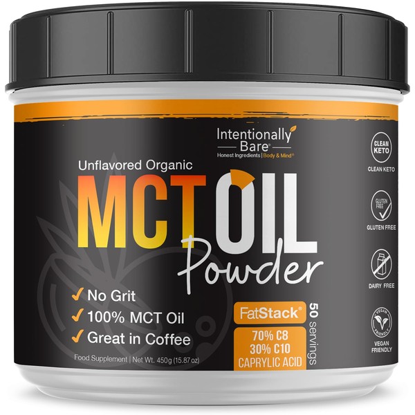 Intentionally Bare Organic MCT Oil Powder - Zero Net Carbs & No Grit – Keto, Paleo, Vegan - 70% C8 | 30% C10 - Excellent in Coffee, Tea, Shakes, Smoothies & Baking - Unflavored - 50 Servings