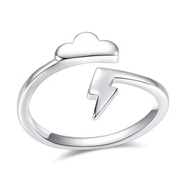 VG Studio Lightning Bolt Ring Cloud Flash Thunder Wrap High Polish Adjustable Ring, Silver Plated