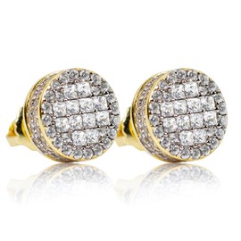 ​Men's Round Two Tone 14K Gold Plated 925 Sterling Silver Iced 5A Cz Cluster Square Princess Cut Setting Hip Hop Screw Back Gauges Circle Shape Stud Earrings