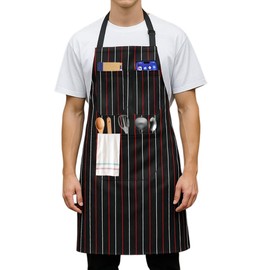CHESTAF Kitchen Aprons for Women, Adjustable Chef Apron for Men, Red White Stripes Black Cooking Aprons Gifts With 3 Pockets, Unisex Home Restaurant Baking Gardening Coffee house Professional Aprons