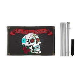 OnPoint Wares Day of the Dead Polyester Flag 3 X 5ft With 10ft Aluminum (Silver) Outdoor Flag Pole & Ground Spike Kit-FI